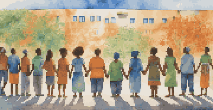 A colorful mural showing diverse individuals united, with people admiring it in the foreground.