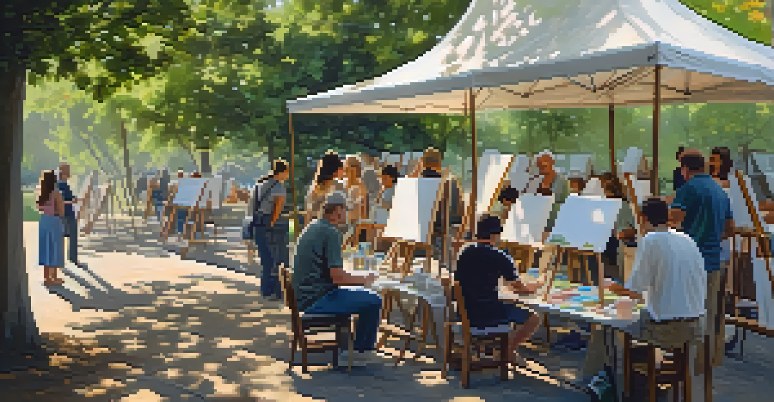 A peaceful outdoor art workshop with community members of different ages painting together under trees.