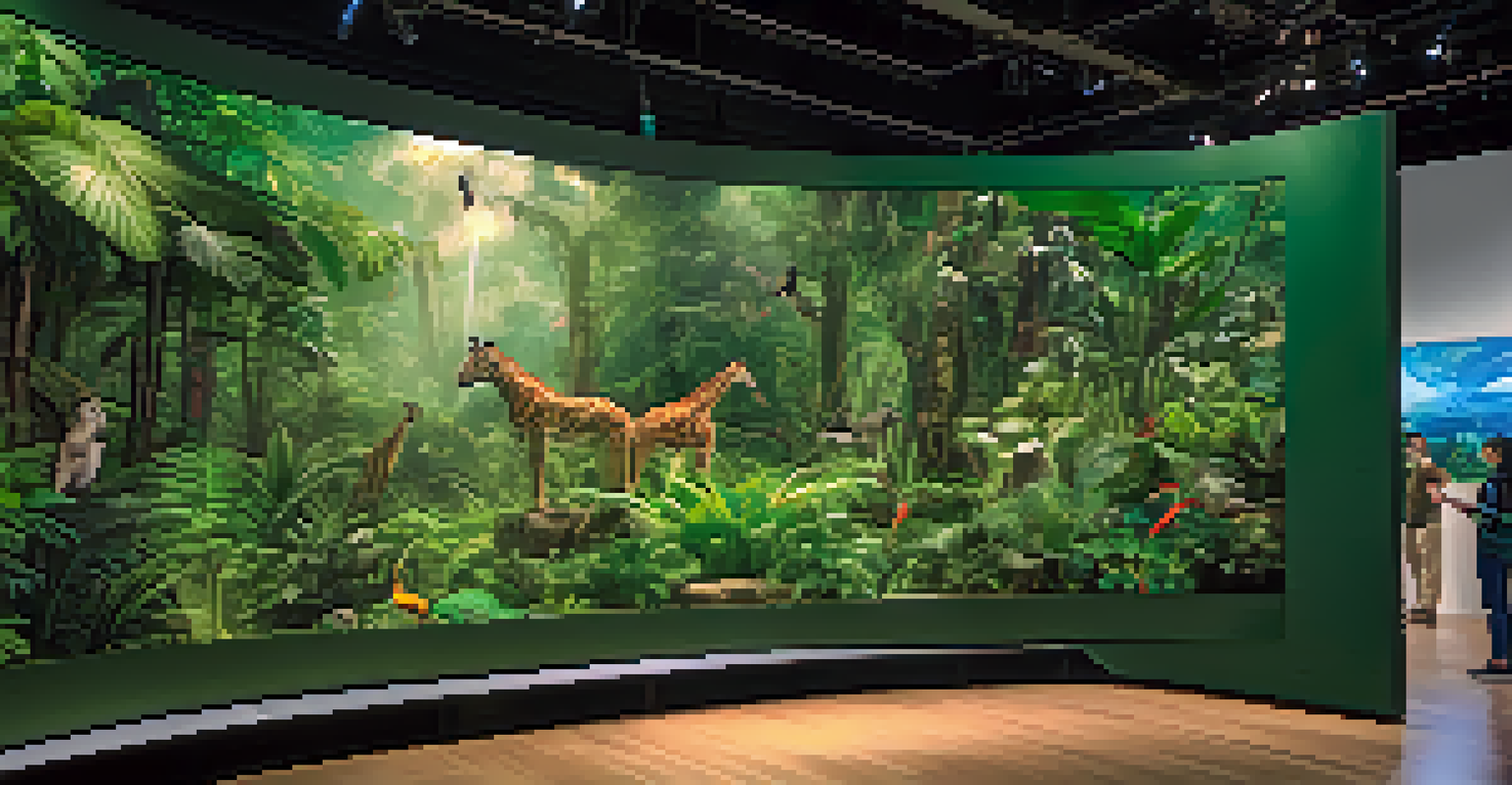 A virtual reality installation showcasing an endangered ecosystem with lush plants and animals, alongside statistics on biodiversity loss.