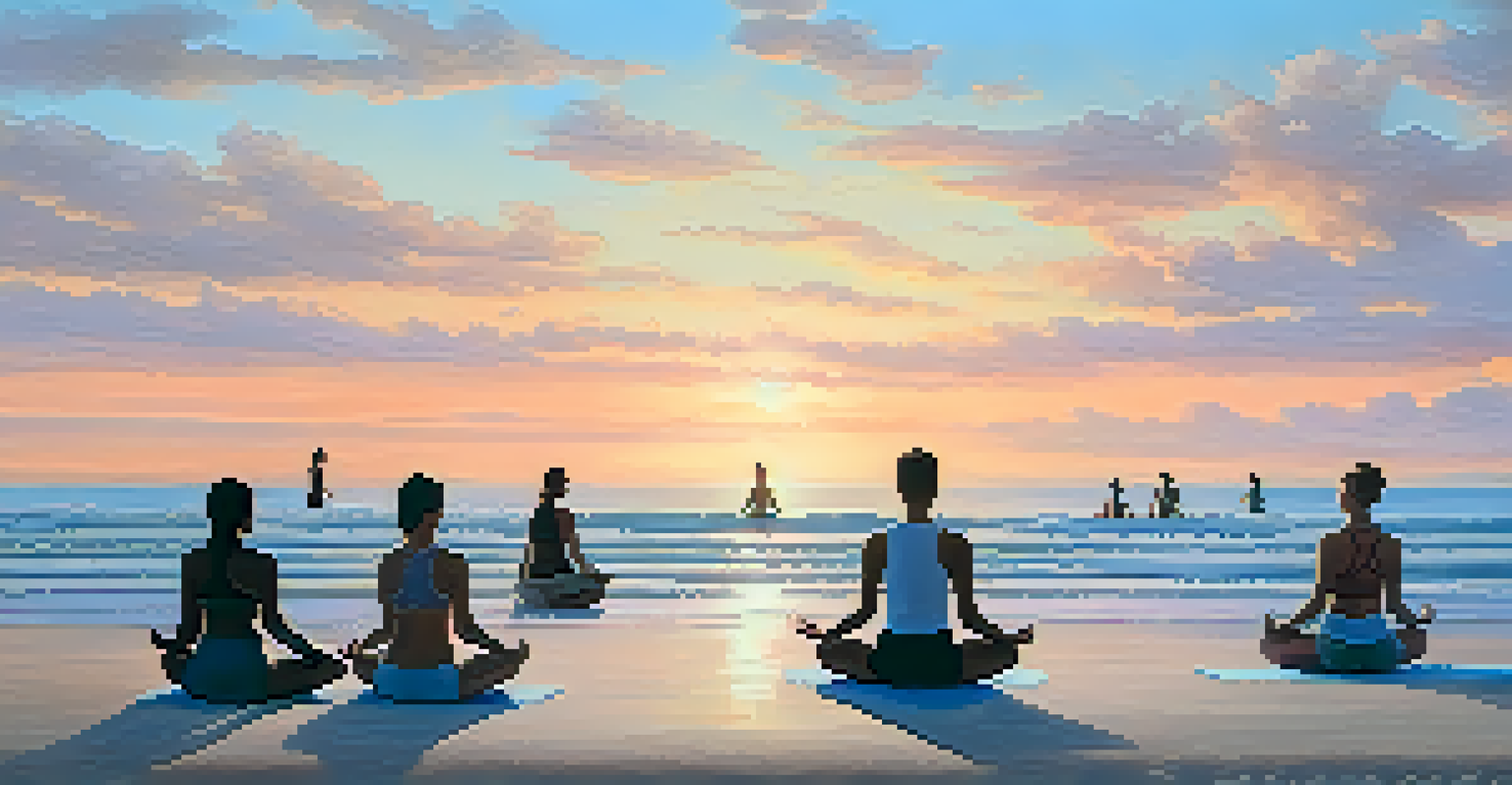 A group of diverse individuals practicing yoga on the beach at sunset, surrounded by a calming ocean view.