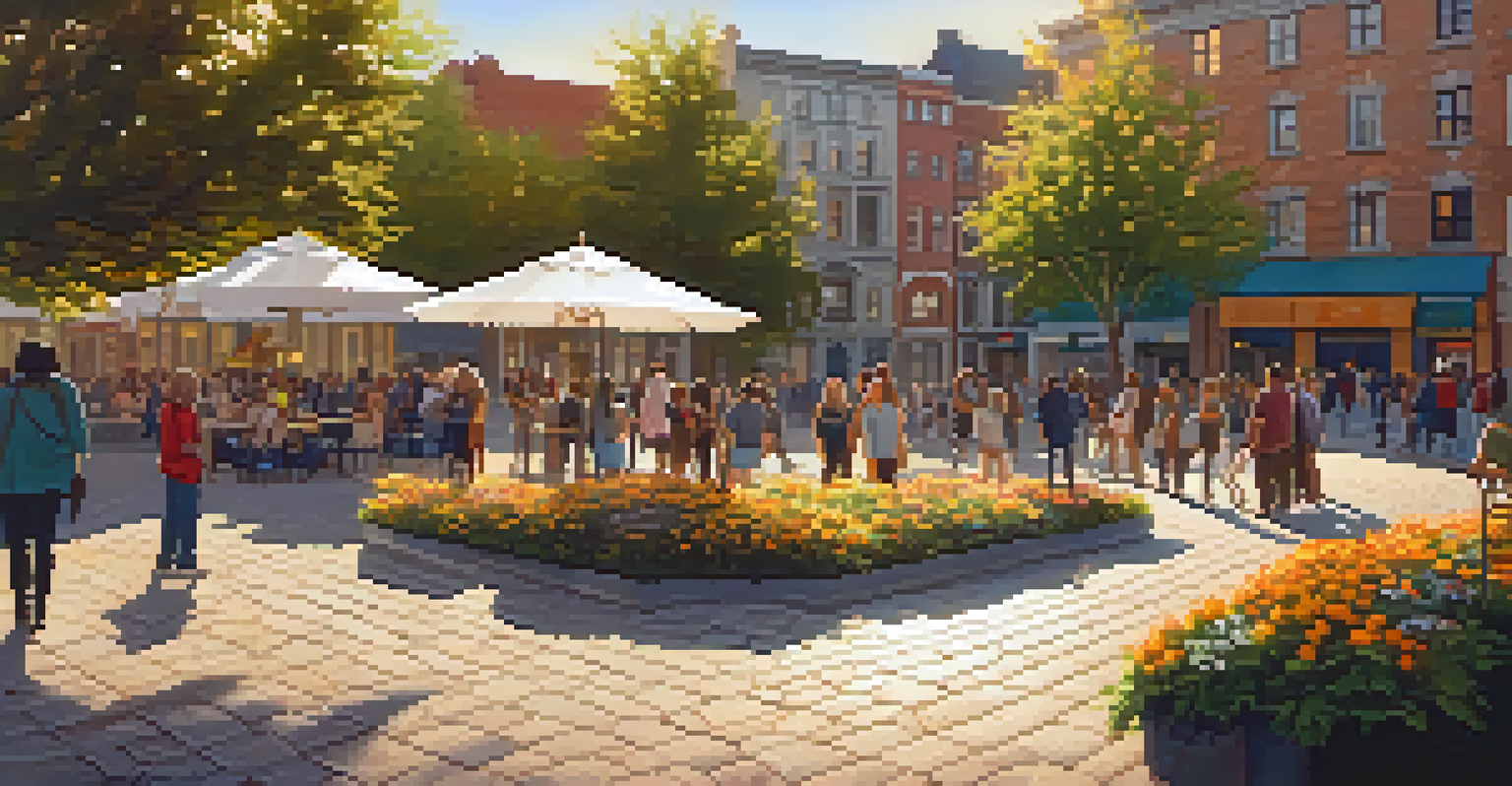 A public square with people discussing around a large sculpture that symbolizes community values, illuminated by warm golden hour light.