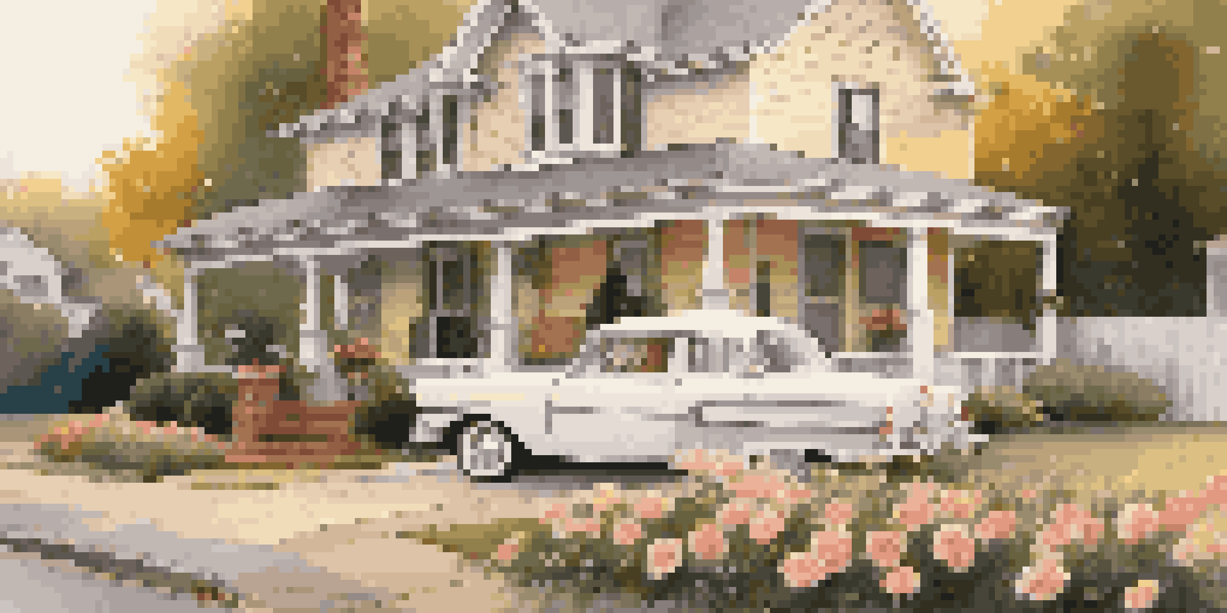 A classic car in front of a charming suburban home at sunset, featuring a white picket fence and a blooming garden.