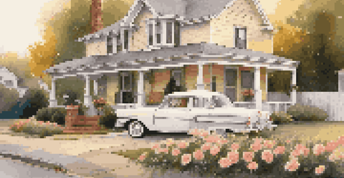 A classic car in front of a charming suburban home at sunset, featuring a white picket fence and a blooming garden.