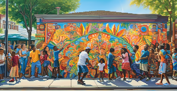 A colorful mural showing people from different backgrounds collaborating on an art project in a lively neighborhood.