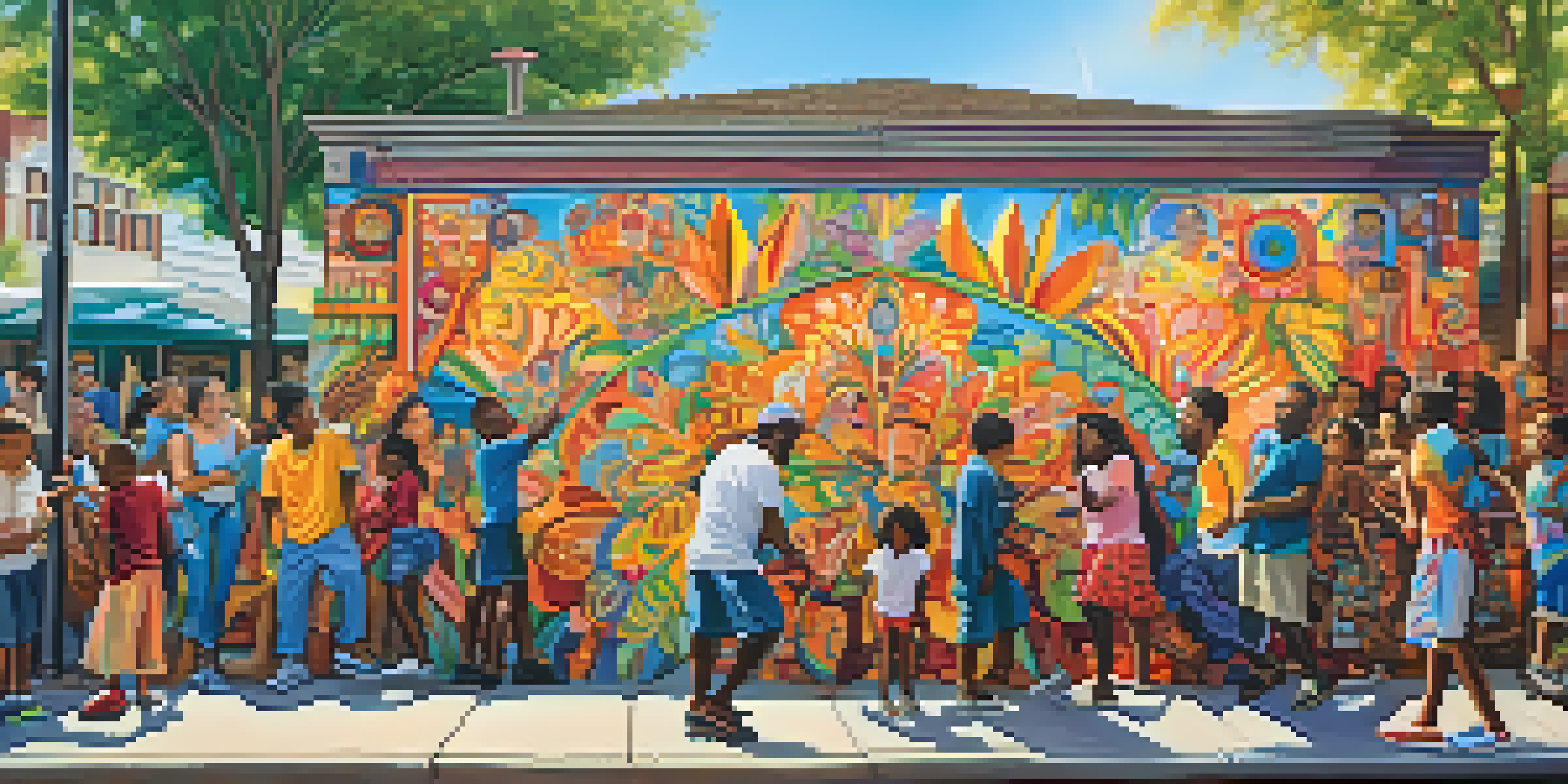 A colorful mural showing people from different backgrounds collaborating on an art project in a lively neighborhood.