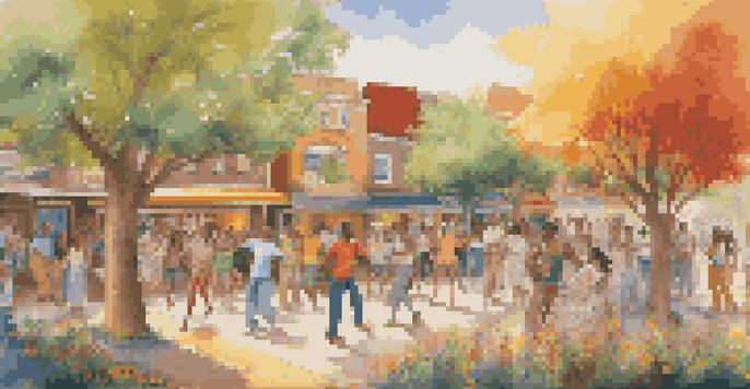 A colorful mural showcasing a community with people dancing, painting, and interacting, surrounded by flowers and trees, illuminated by warm sunlight.