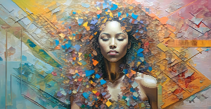 A colorful mixed media artwork showing a fragmented human figure at the center, surrounded by an abstract pastel background.