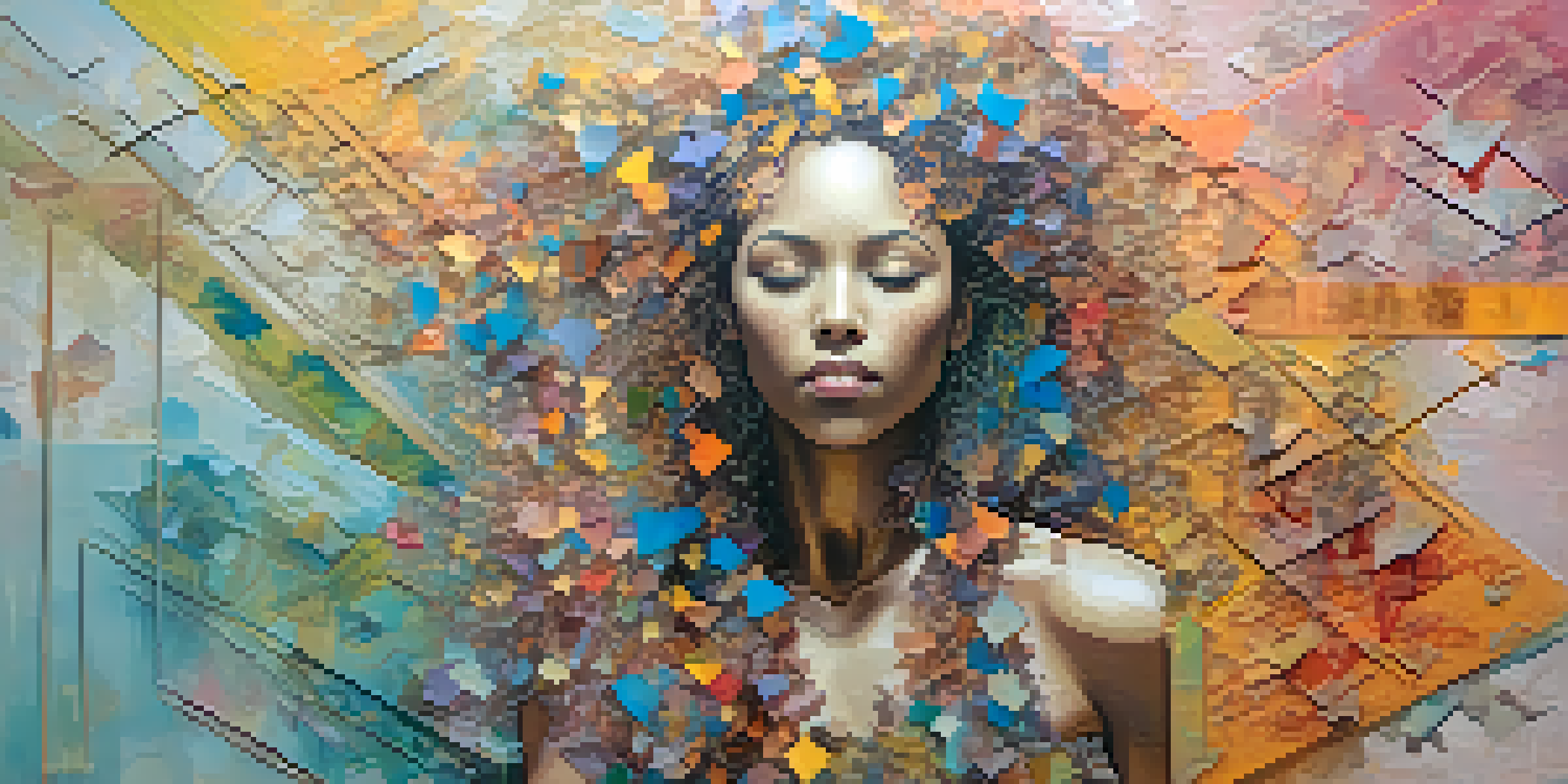 A colorful mixed media artwork showing a fragmented human figure at the center, surrounded by an abstract pastel background.