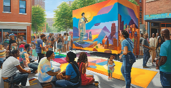 A colorful art installation featuring diverse murals and sculptures with people engaging in conversation in an urban area.