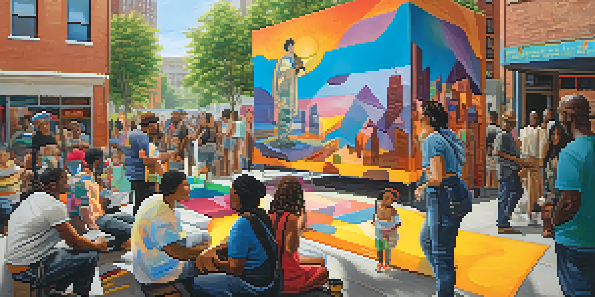A colorful art installation featuring diverse murals and sculptures with people engaging in conversation in an urban area.