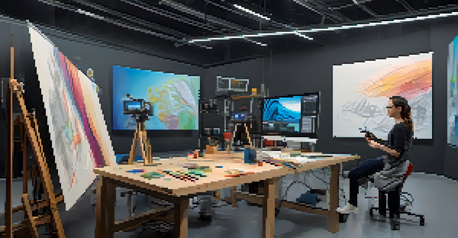 An artist and a tech expert collaborating in a studio filled with advanced equipment and colorful sketches for a VR project.
