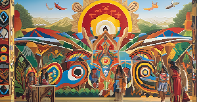 A colorful mural illustrating Indigenous cultural symbols and storytelling, surrounded by a natural landscape illuminated by soft sunlight.
