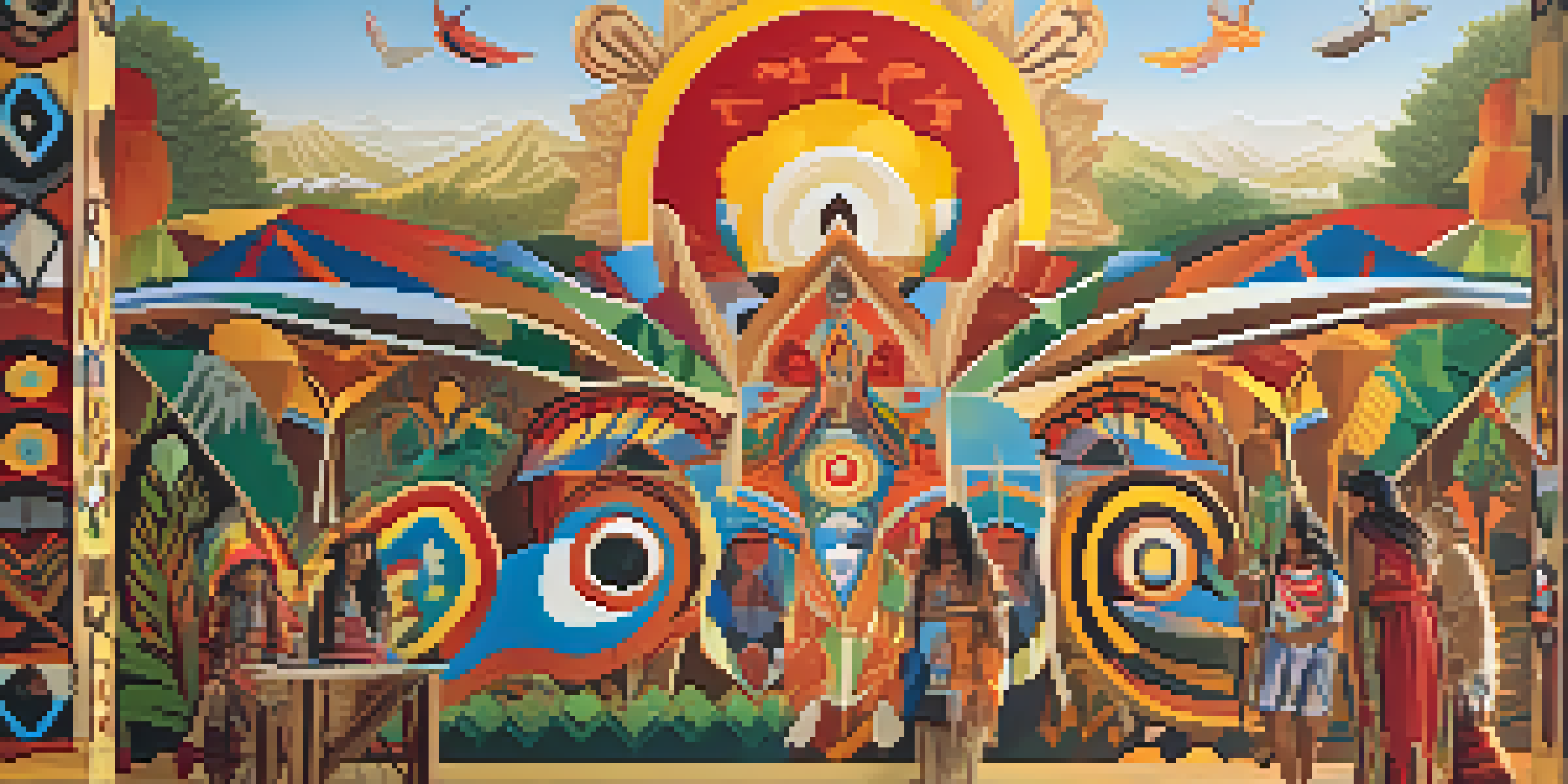 A colorful mural illustrating Indigenous cultural symbols and storytelling, surrounded by a natural landscape illuminated by soft sunlight.
