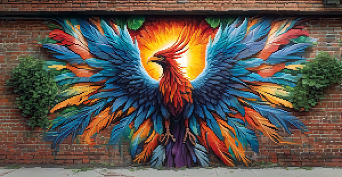 A colorful phoenix mural on a weathered brick wall surrounded by greenery, with sunlight casting shadows.