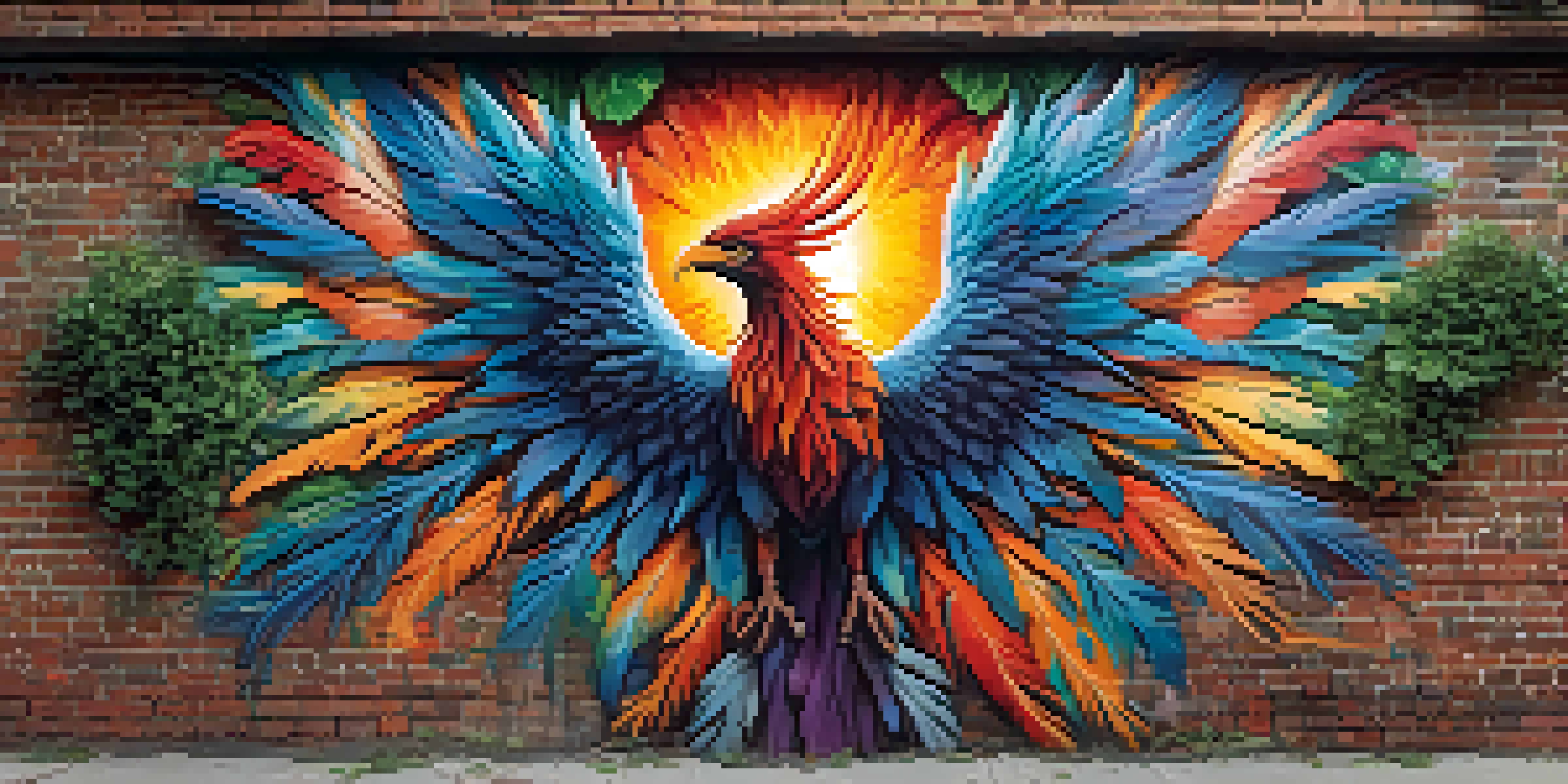 A colorful phoenix mural on a weathered brick wall surrounded by greenery, with sunlight casting shadows.