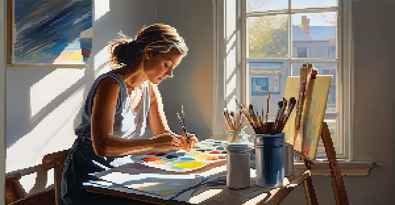 An artist in a sunlit studio painting a canvas that represents emotions during a crisis, surrounded by artistic tools and soft natural light.