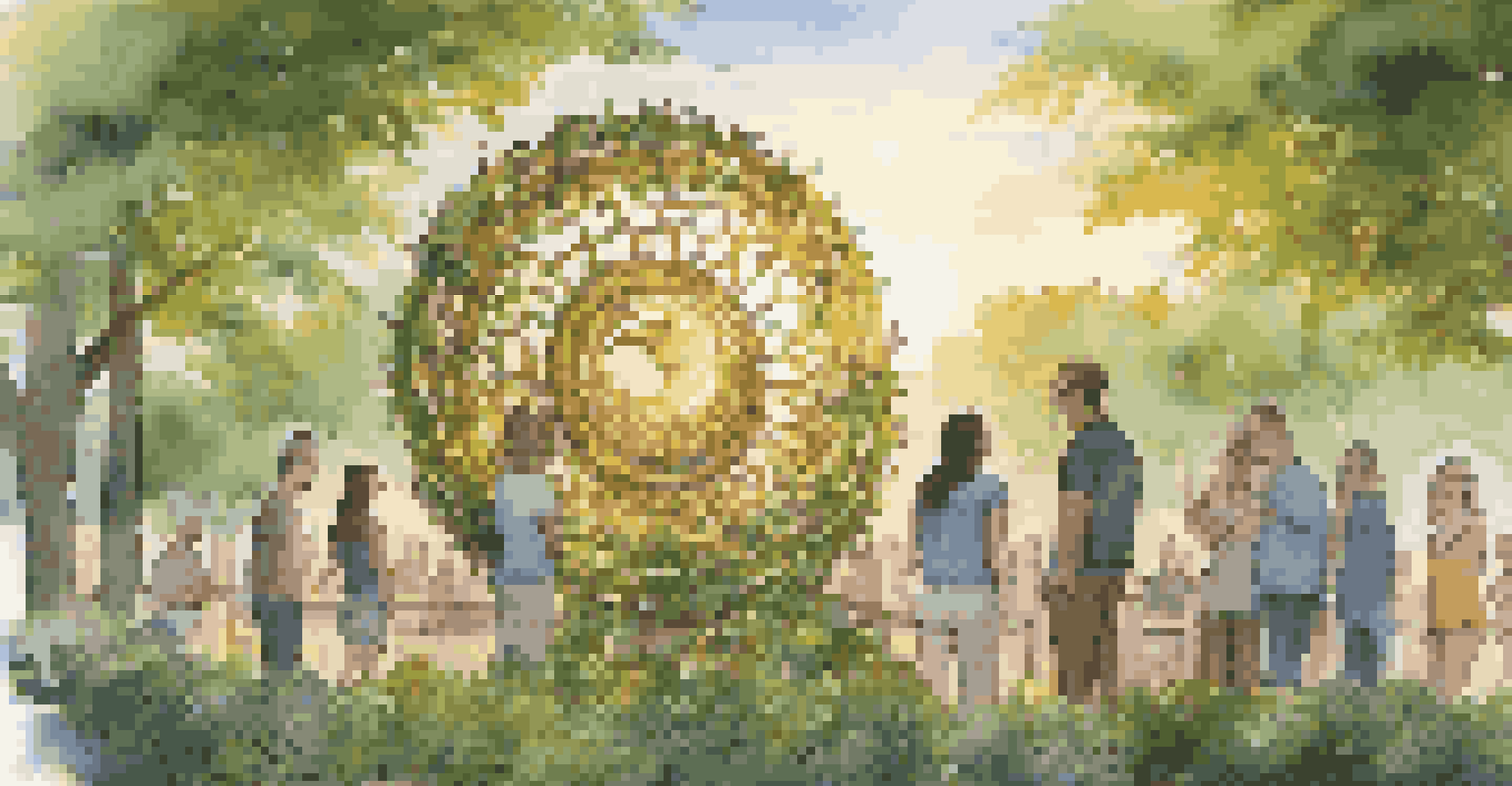 An outdoor art installation made of recycled materials, illuminated by sunset light, with people admiring the sculpture.