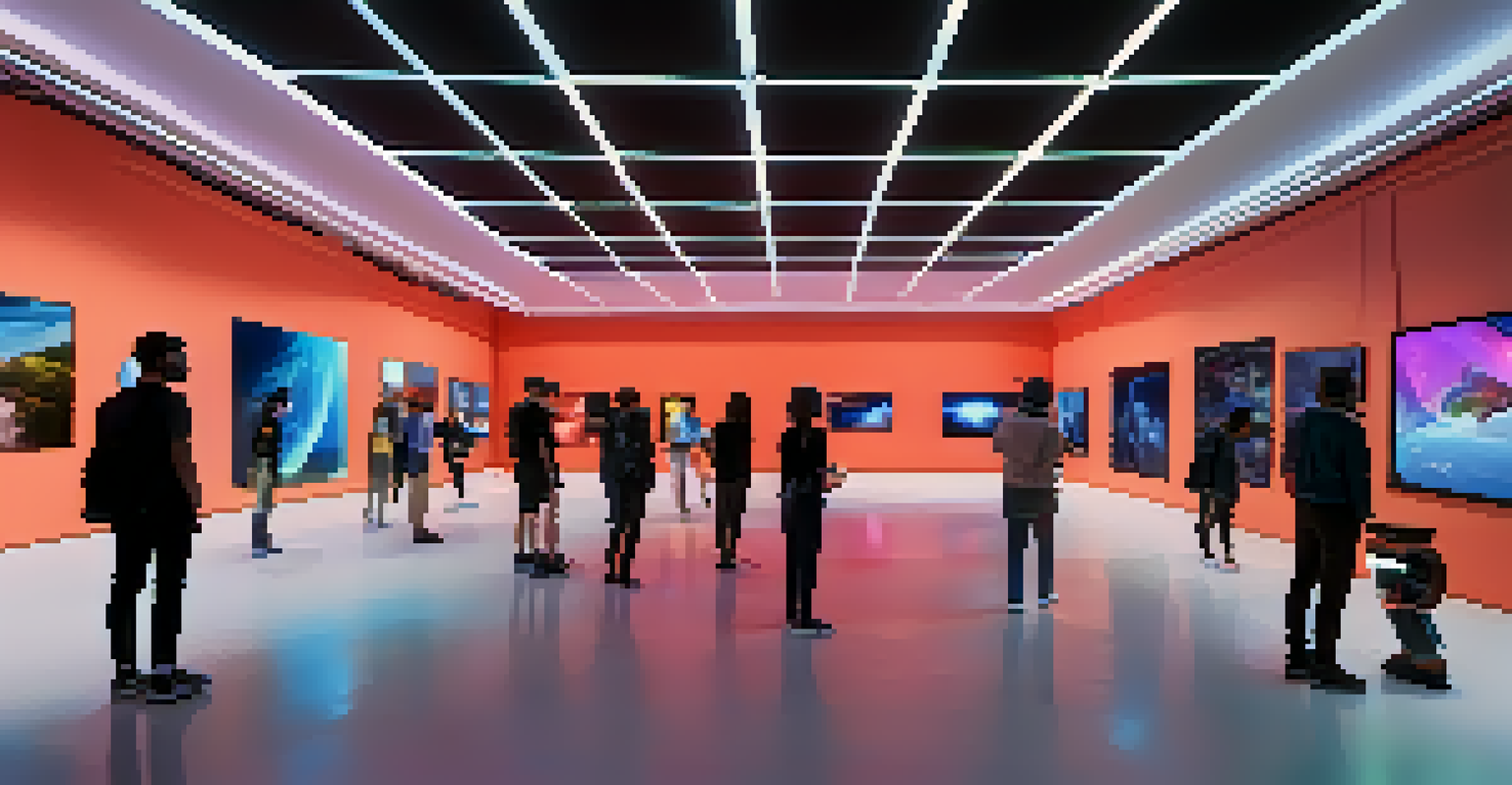 A modern gallery space with various digital art installations, featuring visitors exploring and some using VR headsets.