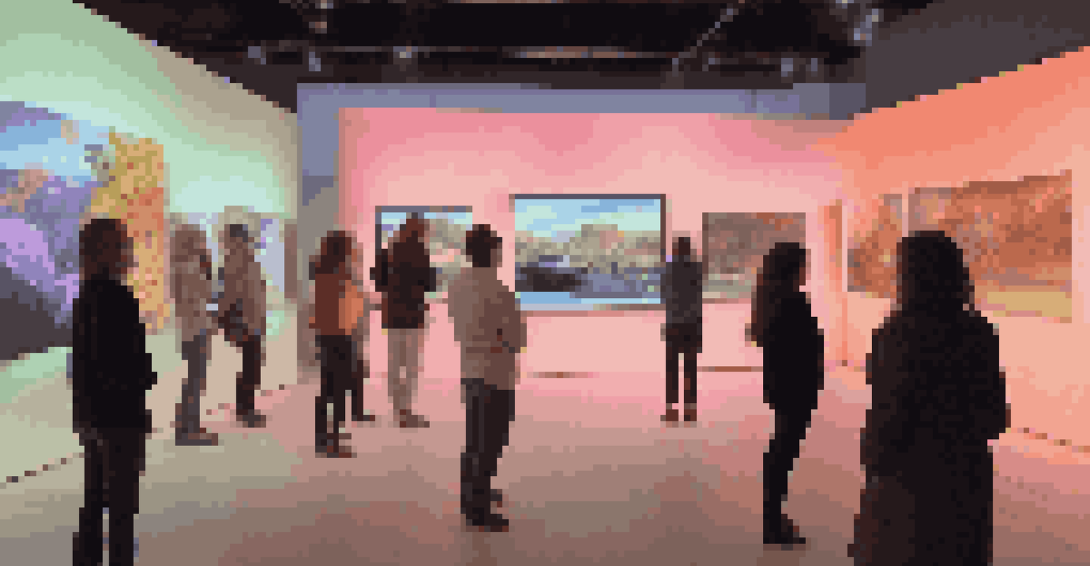 A modern gallery featuring a digital art installation with glowing screens and visitors engaging in a virtual reality experience.