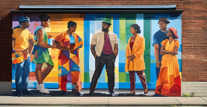 A colorful street mural featuring diverse individuals representing different cultures, celebrating unity through art.