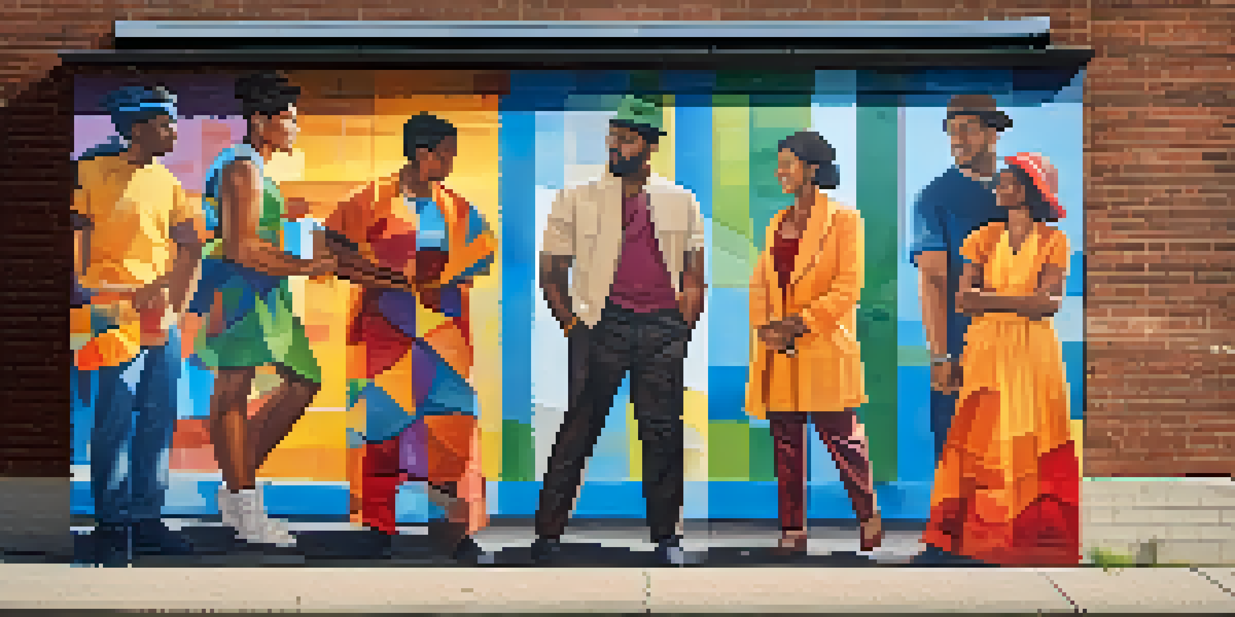 A colorful street mural featuring diverse individuals representing different cultures, celebrating unity through art.