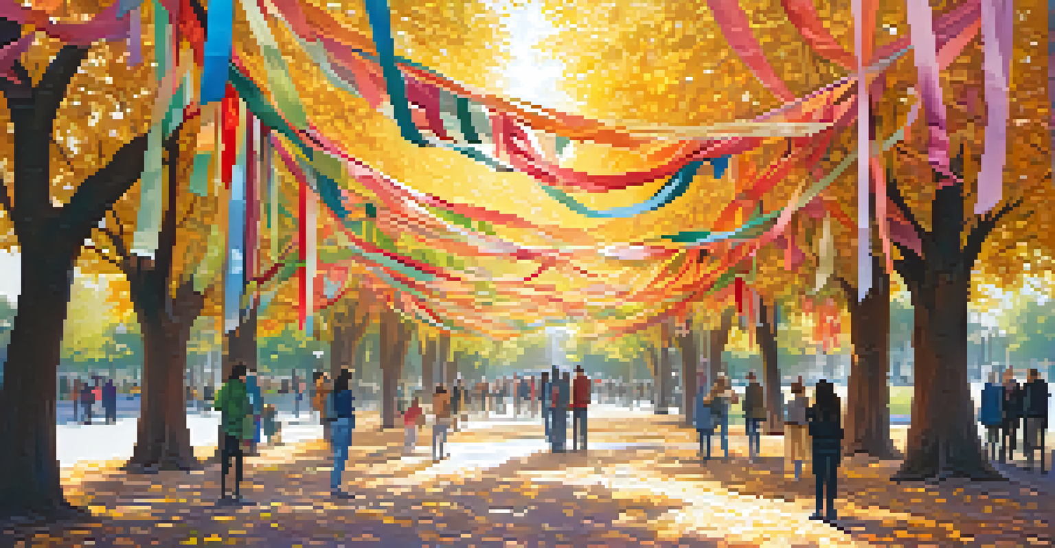 A public art installation of colorful fabric ribbons in a park, with people sharing stories and connecting in the sunlight.