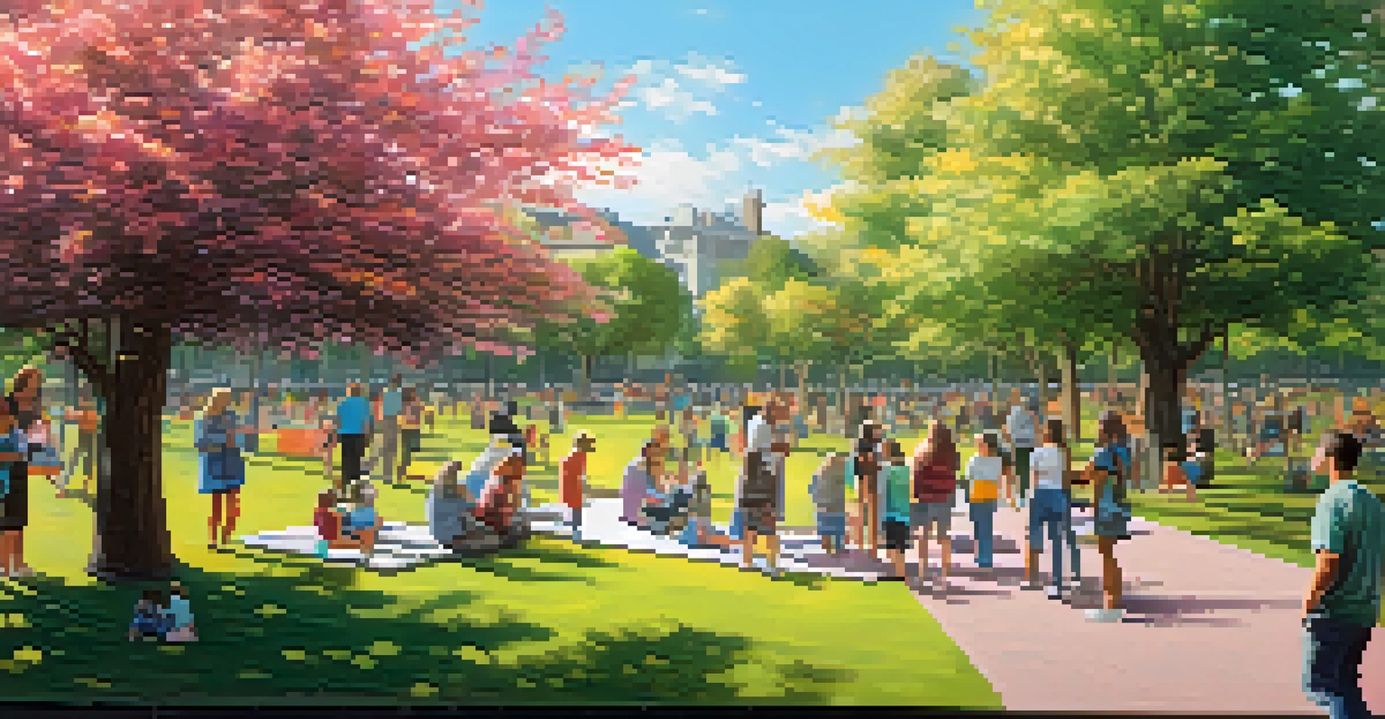 An interactive art installation with blackboards where people write their aspirations, surrounded by families and friends in a park.