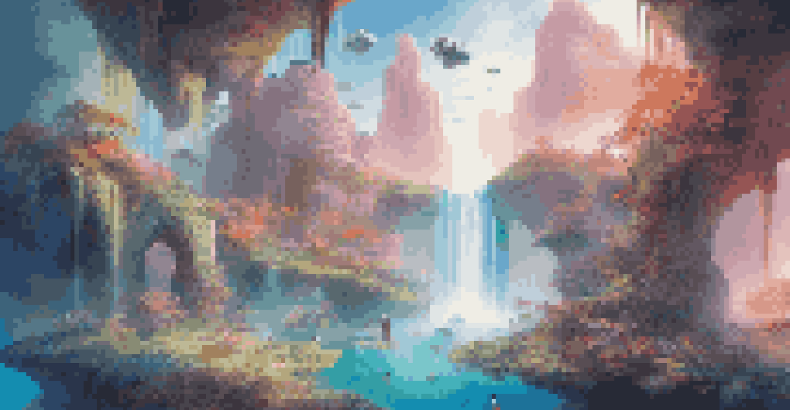 A surreal virtual reality art installation with floating islands and waterfalls, with viewers interacting in VR headsets.