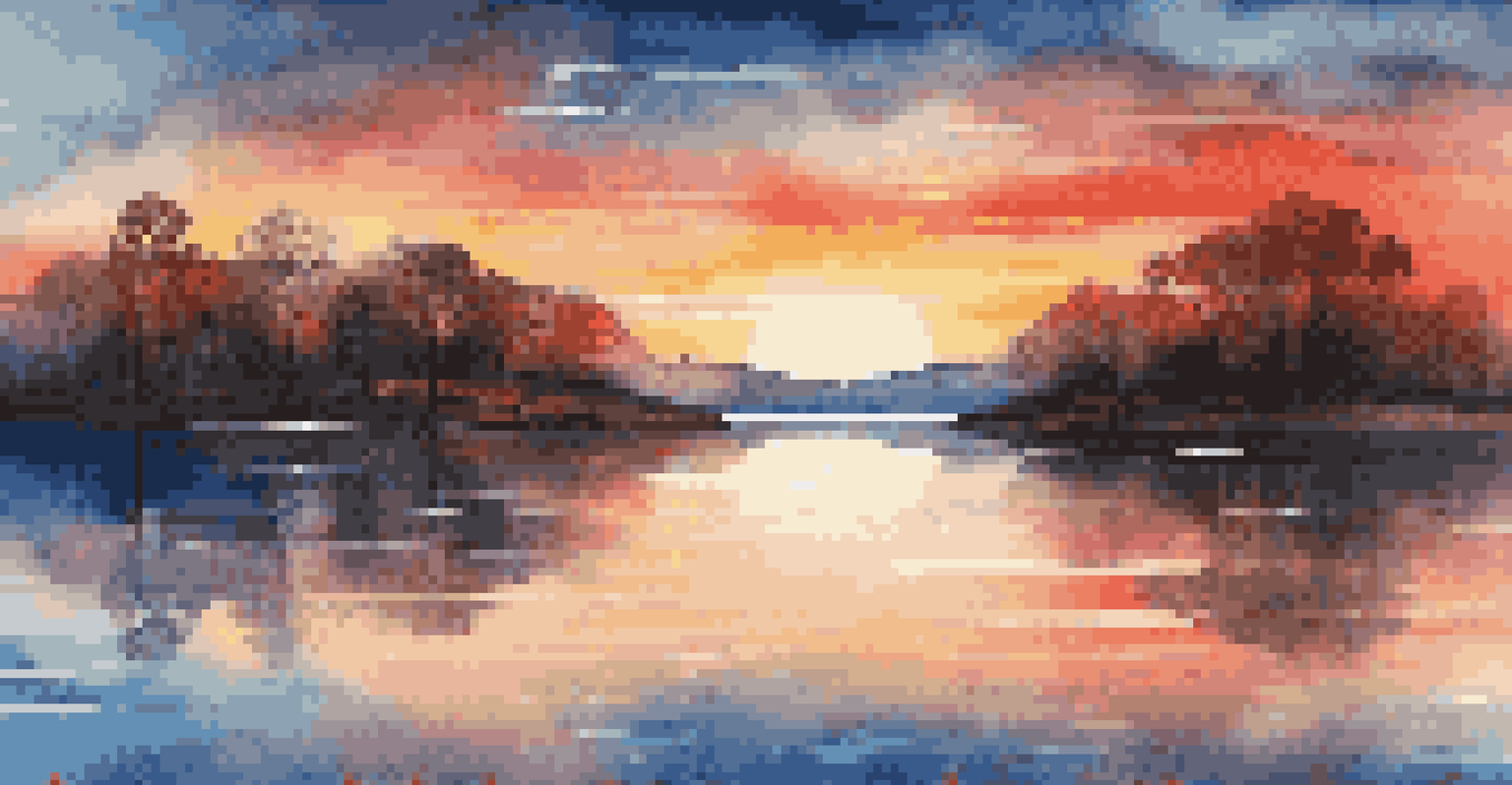 A serene landscape with a lake reflecting a sunset, combined with abstract algorithmic patterns in the background, showcasing a blend of nature and technology.