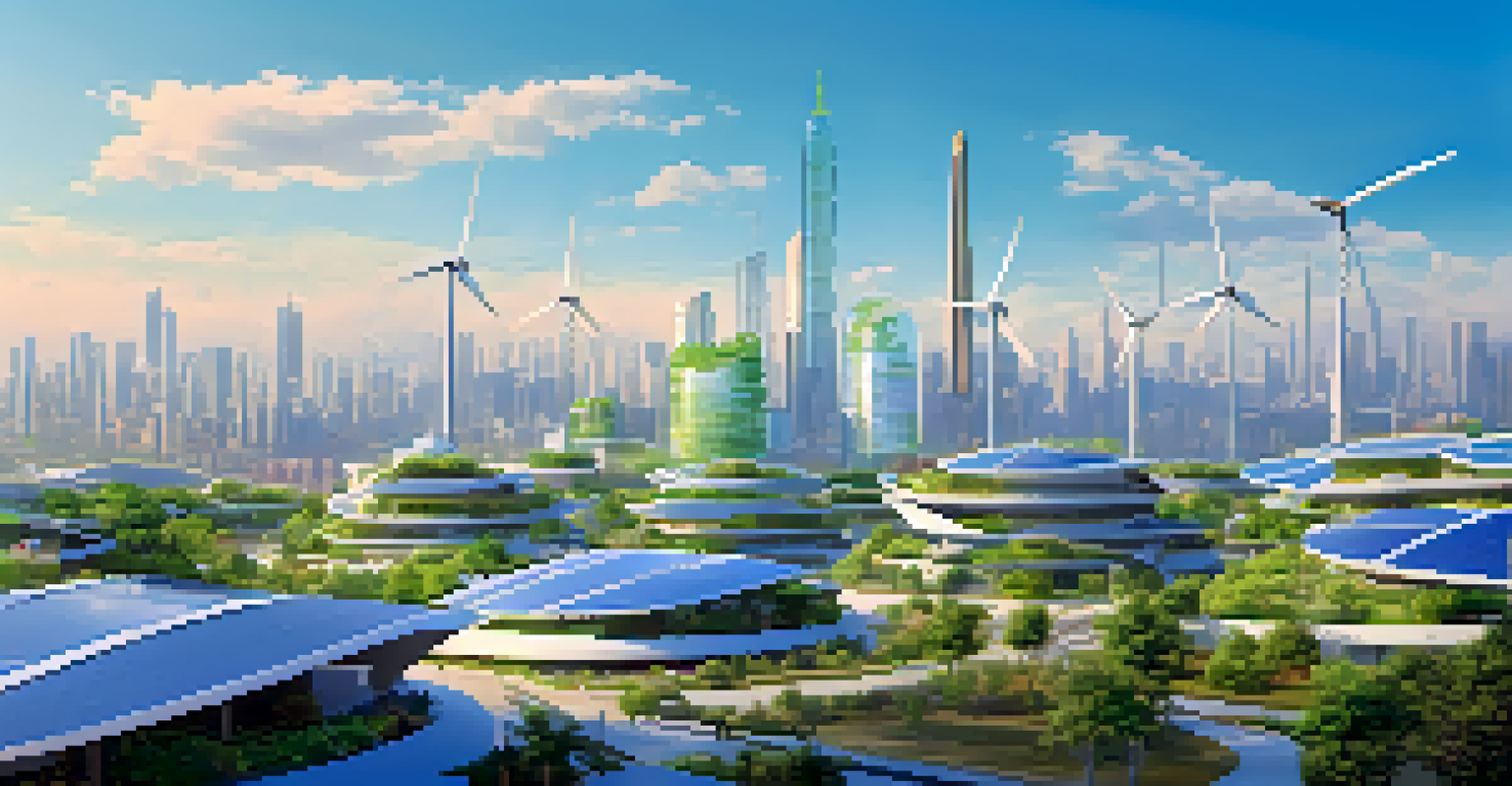 A vibrant digital artwork of a futuristic city with renewable energy sources like solar panels and wind turbines.