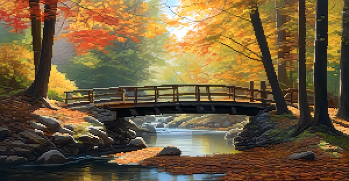 A peaceful forest scene with autumn leaves, a stream, and a wooden bridge illuminated by soft sunlight.