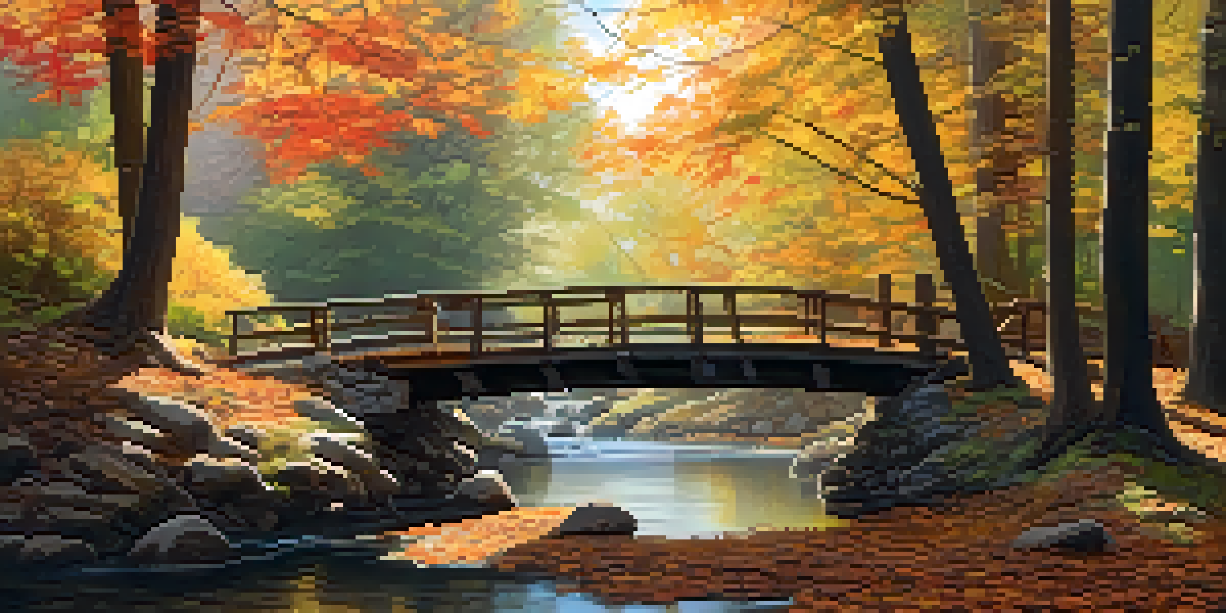 A peaceful forest scene with autumn leaves, a stream, and a wooden bridge illuminated by soft sunlight.