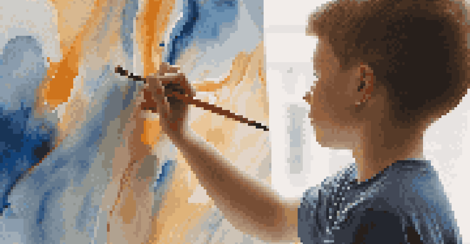 A young artist concentrating on painting an abstract artwork on canvas, with vibrant colors and soft natural light illuminating the scene.