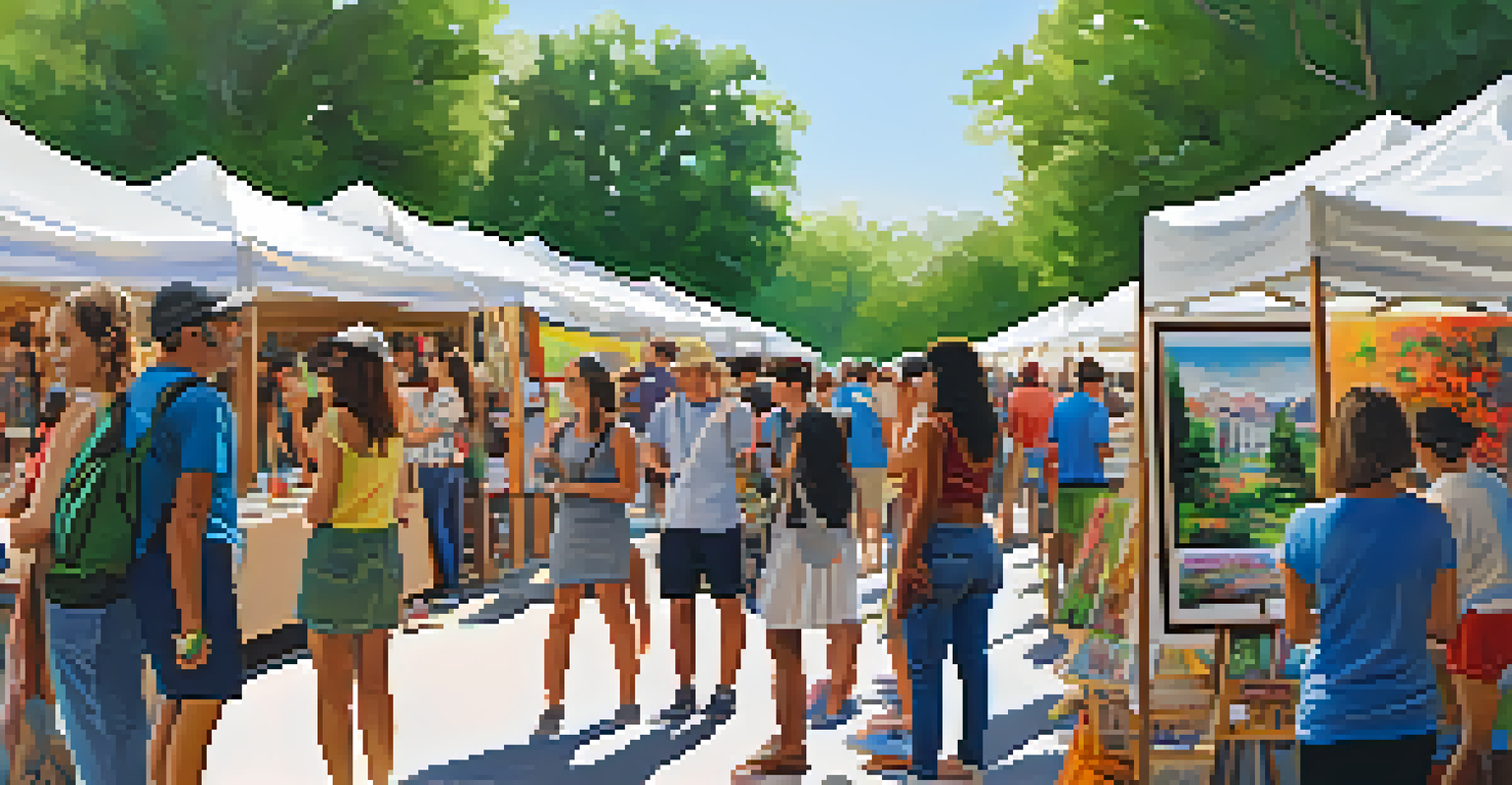 An outdoor community art event with local artists and students showcasing their artwork amidst a lively crowd.