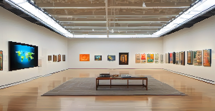 A contemporary art installation featuring cultural artifacts and digital screens in a gallery, with warm lighting and a diverse audience.