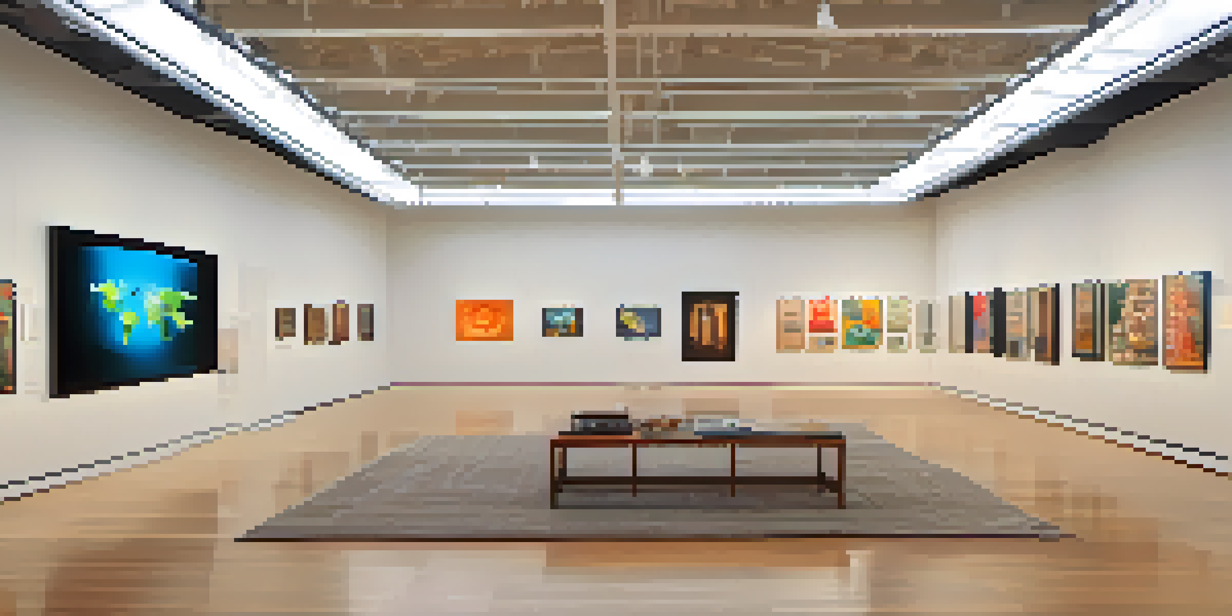 A contemporary art installation featuring cultural artifacts and digital screens in a gallery, with warm lighting and a diverse audience.