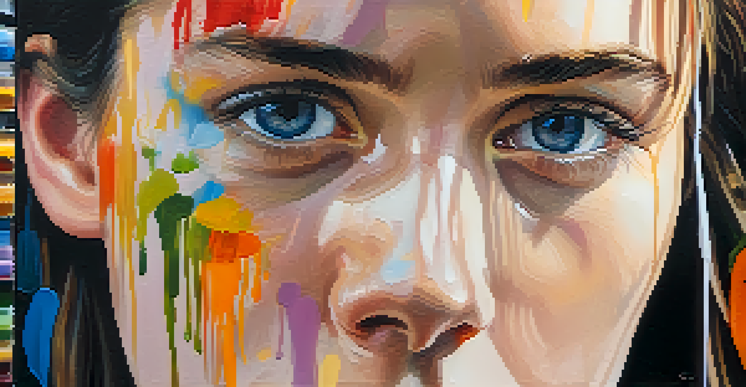A detailed self-portrait painting capturing the artist's struggle with anxiety, with rich textures and contrasting colors.