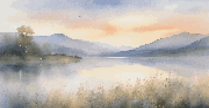 A tranquil lake at dawn with wildflowers in the foreground and misty mountains in the background.