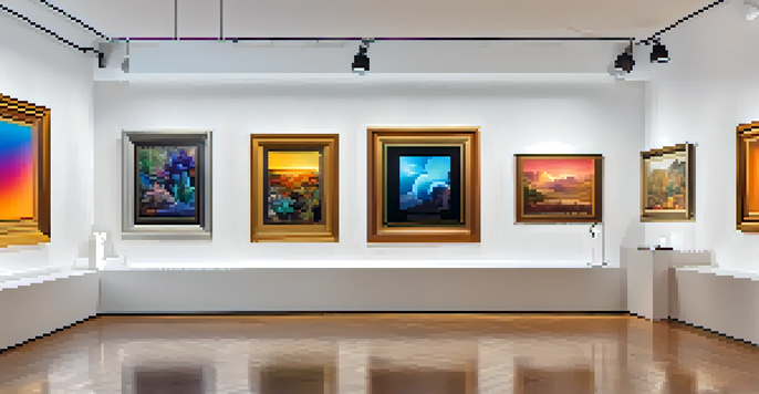 A modern digital art gallery filled with diverse NFT artworks, featuring warm lighting and artists engaging with collectors.