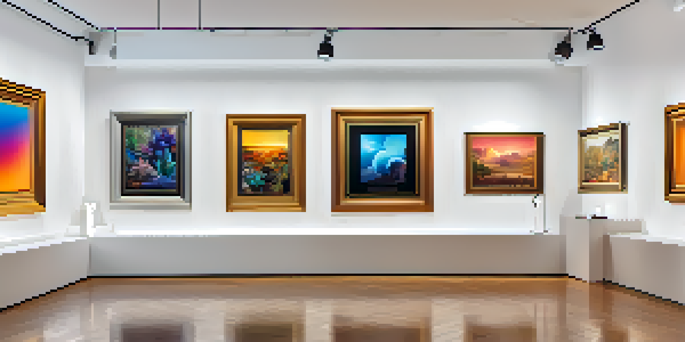 A modern digital art gallery filled with diverse NFT artworks, featuring warm lighting and artists engaging with collectors.