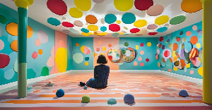 A vibrant art installation with polka dots and surreal shapes, featuring people engaging with the art in a playful atmosphere.