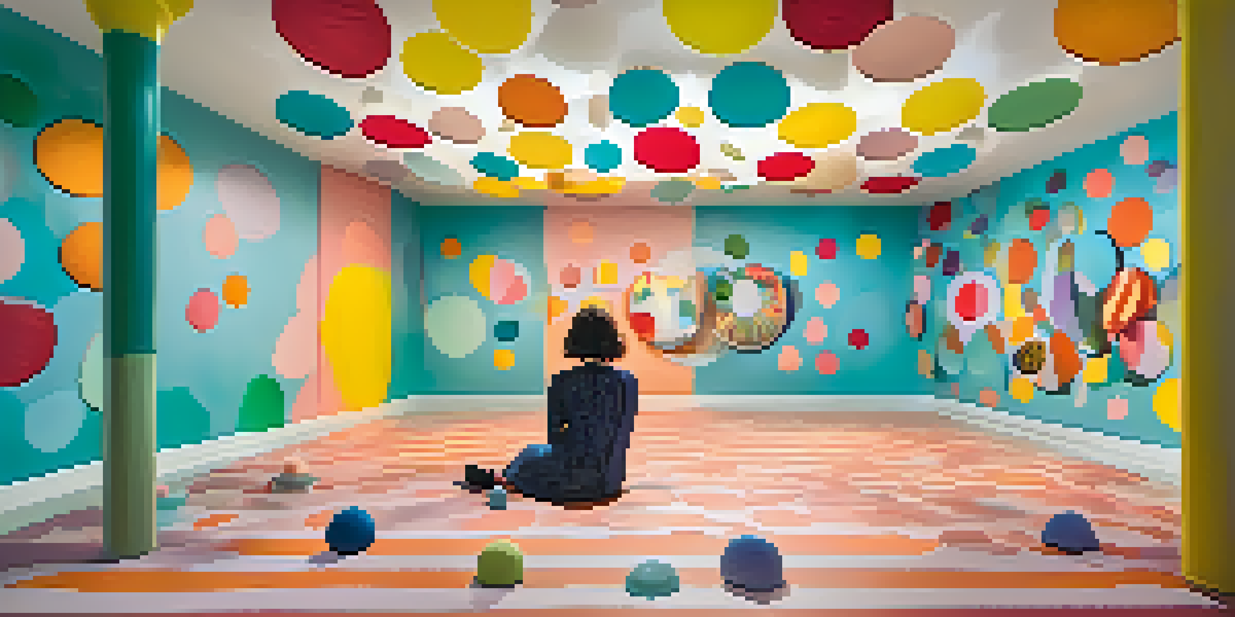 A vibrant art installation with polka dots and surreal shapes, featuring people engaging with the art in a playful atmosphere.