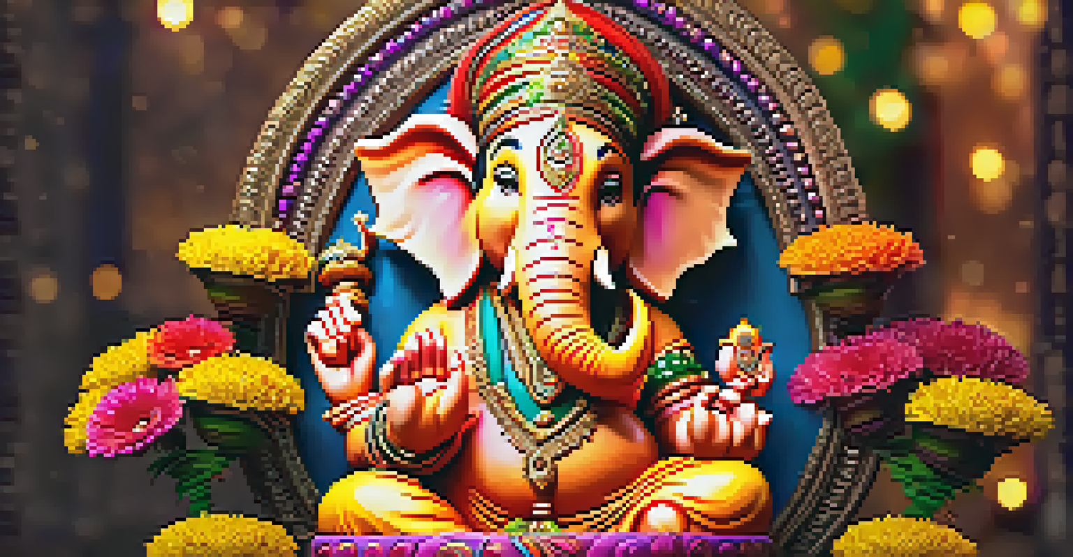 A colorful clay sculpture of Lord Ganesha on a pedestal, surrounded by festive decorations for Ganesh Chaturthi.