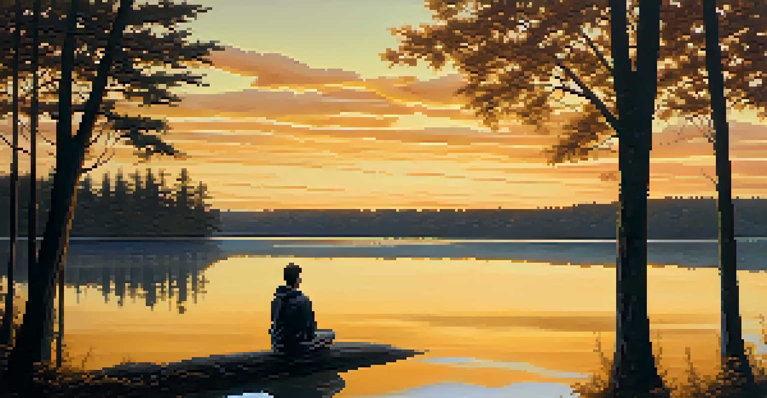 A solitary figure by a tranquil lake at sunset, surrounded by trees, reflecting warm hues on the water.