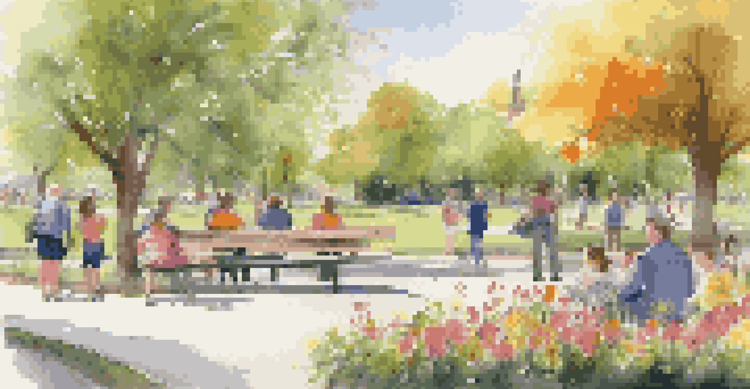 A public park with a decorative bench decorated with local art, surrounded by flowers and people enjoying a sunny day.