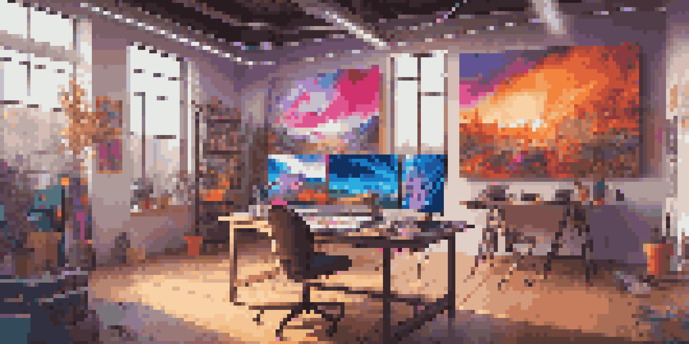 A digital art studio showcasing various colorful canvases and graphic design tools, with warm lighting.