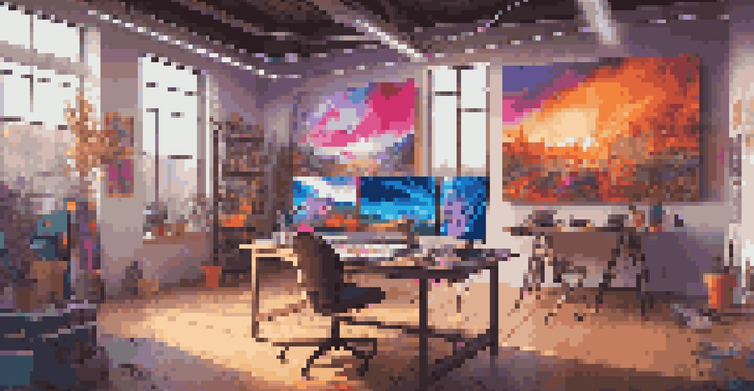A digital art studio showcasing various colorful canvases and graphic design tools, with warm lighting.