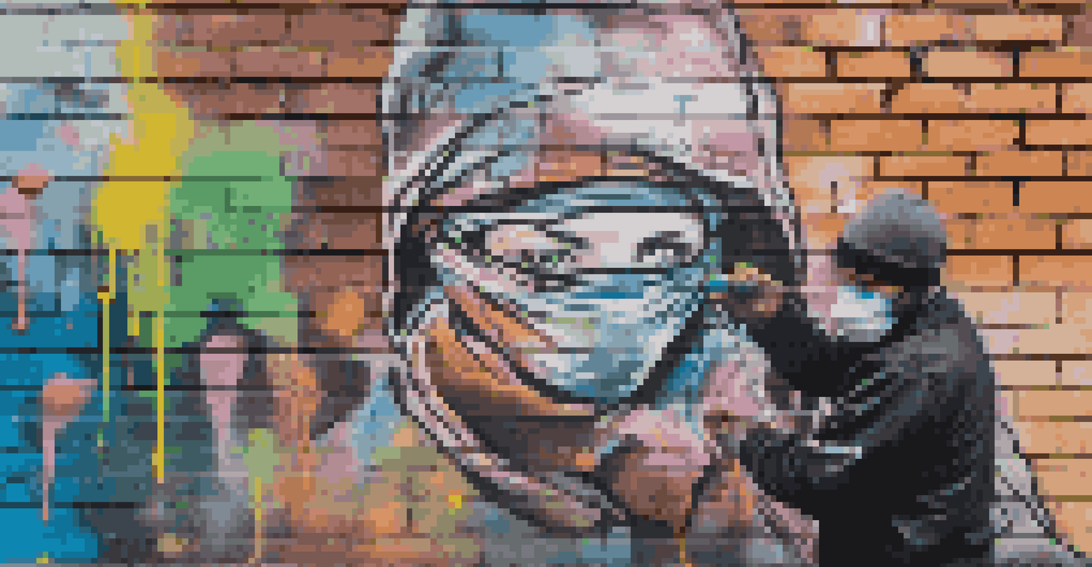 An artist spray-painting a colorful mural on a brick wall, surrounded by graffiti.