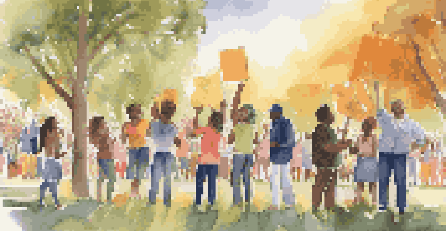 A diverse group of activists in a park discussing ideas and holding signs with powerful messages, with a warm sunset in the background.