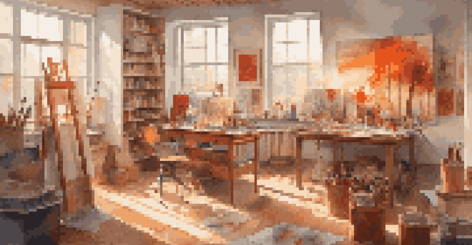An artist painting in a colorful studio filled with natural light and art supplies.